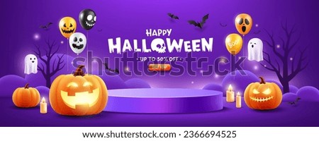 Halloween podium purple color, pumpkin, balloons, ghost, candle, and bat flying, banner design on purple background, Eps 10 vector illustration
