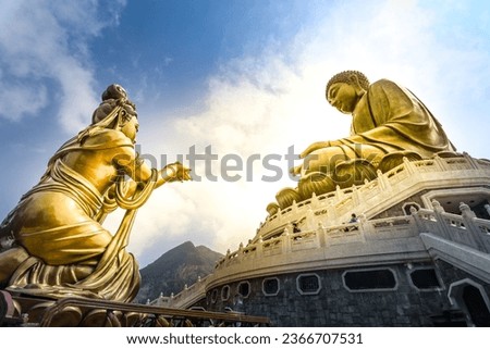 The Offering of the Six Devas are posed offering flower,incense,lamp,ointment,fruit,music to the Big Buddha. Tourist attraction located at Ngong Ping Lantau Island, Hong Kong.