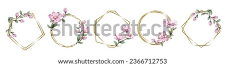 Vector floral frames for cards and invitations. Branches of pink sakura, magnolia. Collection of frames with pink flowers on white background.
