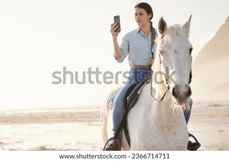 Horse riding, phone and woman on beach with pet for travel using social media, website and web for chatting. Texting, picture and person or rider with animal on vacation or holiday at sunrise