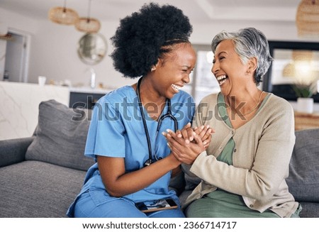 Smile, funny and assisted living caregiver with an old woman in her home during retirement together. Healthcare, support and a happy nurse or volunteer laughing with a senior patient on the sofa Royalty-Free Stock Photo #2366714717