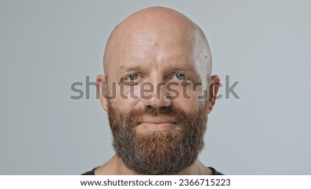 Nice sad bald 30s man look camera close up. Ginger upset 40s guy face portrait. Male red bushy beard head shot. No hair life. Unhappy model have fun. Brutal young adult bald person smile. Barber shop. Royalty-Free Stock Photo #2366715223