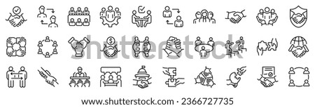 Set of 30 outline icons related to partnership. Linear icon collection. Editable stroke. Vector illustration Royalty-Free Stock Photo #2366727735