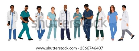 Set of smiling doctors, nurses, paramedics. Different male and female medic workers in uniform with stethoscopes. Flat cartoon vector illustration isolated on white background. Not created with AI. Royalty-Free Stock Photo #2366746407