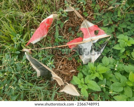 photo of a fallen and broken kite on the grass field.