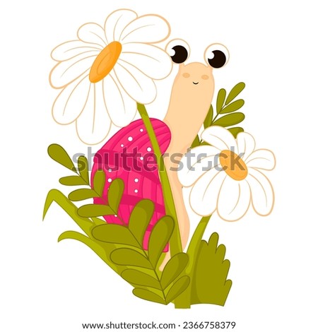 Cute snail character near daisy flowers in grass, colorful summer cartoon for greeting card for print