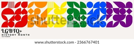 LGBTQ+ History Month Banner. Simple Geometric Pattern of shapes in the rainbow pride flag colors. Vector Illustration. Royalty-Free Stock Photo #2366767401