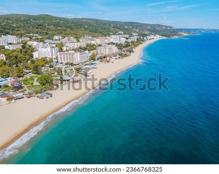 Aero Photography. View from flying drone. view of the beach and hotels in Golden Sands(Zlatni Piasacithe). Popular summer resort
