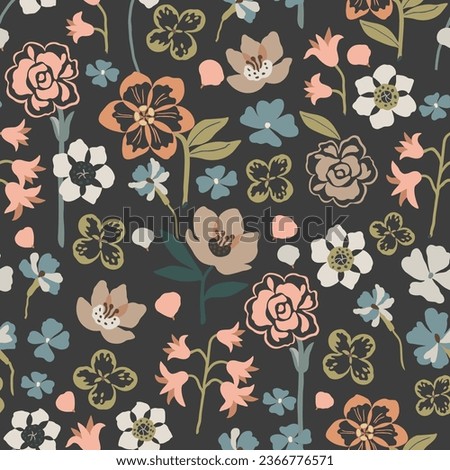 Seamless floral pattern in delicate pastel colors. Romantic botanical background, bright print with different colors on a dark background in pastel colors.