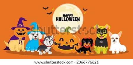 Vector illustration of dogs with Halloween costumes celebrating holiday. Happy pets wearing witch, magician, vampire, demon, spider and ghost disguise greeting card with big pumpkin