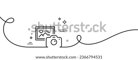 Photo camera line icon. Continuous one line with curl. Image photography sign. Picture placeholder symbol. Photo camera single outline ribbon. Loop curve pattern. Vector