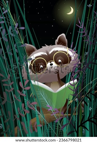 Cute baby raccoon wearing glasses reading a book at night in forest. Animal character design for children. Raccoon reading a story book before sleep in moonlight. Vector cartoon in watercolor style.