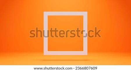 
White empty frame in orange solid color studio scene white lights. Halloween background. Product display mockup design.