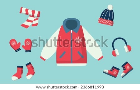 Illustration vector graphic winter suit red, blue, white colors, flat design illustration cartoon design,  winter set suit, winter sport icon, bennie, jacket, headphone, gloves, shoes, syall, sock.