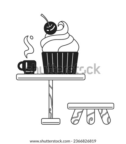 Ice cream and coffee cup on table monochrome flat vector object. Cafe. Dessert. Coffee break. Editable black and white thin line icon. Simple cartoon clip art spot illustration for web graphic design