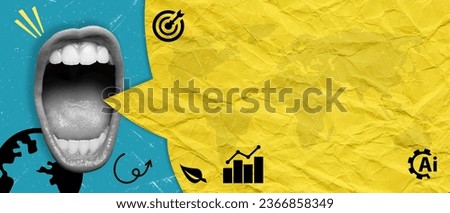 Artistic collage with a screaming mouth on a blue background and a yellow message. Aggressive pressure or intimidation of an opponent.