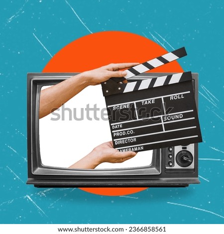 Hands holding a clapper while filming a video movie on TV. A clapper for a movie production. Contemporary art collage. Royalty-Free Stock Photo #2366858561