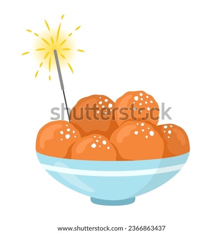 Oliebollen. Bowl with Dutch traditional doughnuts with sugar. Typical fried sweets for New Year celebration. Vector illustration isolated on white background. Royalty-Free Stock Photo #2366863437