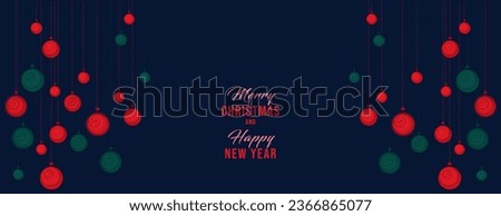  Christmas sale background.  Vector Christamas balls on the black blue fon. Horizontal  border with text space. Suitable for email header, post in social networks, advertising, events and page cover Royalty-Free Stock Photo #2366865077