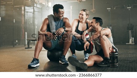 Fitness, group and conversation in gym with confidence, workout and exercise class. Diversity, friends talk and wellness portrait of athlete with coach ready for training and sport at a health club Royalty-Free Stock Photo #2366866377