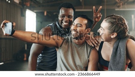 Selfie, motivation and fitness with friends at gym for social media, workout and health. Support, profile picture and wellness with people and training for teamwork, photography and exercise together