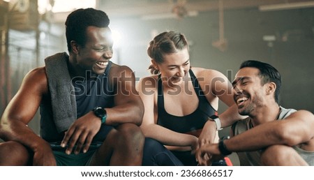 Fitness, group and laughing in gym with confidence, workout and exercise class. Diversity, friends and wellness portrait of funny athlete with community ready for training and sport at a health club Royalty-Free Stock Photo #2366866517