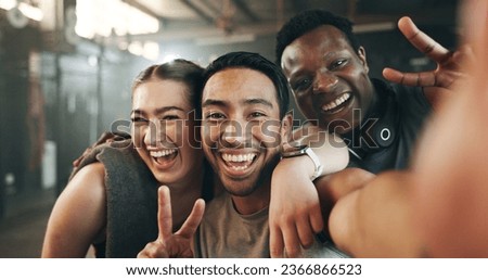 Selfie, funny face and fitness with friends at gym for social media, workout and health. Support, profile picture and wellness with people and training for teamwork, photography and exercise together