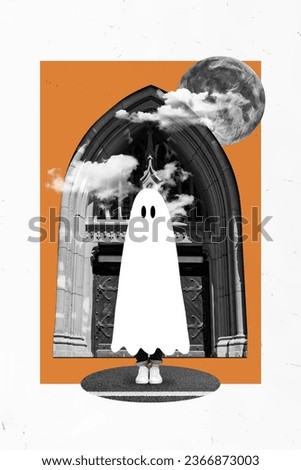 Vertical composite creative illustration photo collage of funny ghost standing near crypt at night isolated on painting background