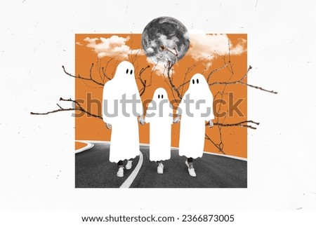 Composite creative photo collage of happy friendly family in ghost costumes walking on road hold arms isolated on drawing background
