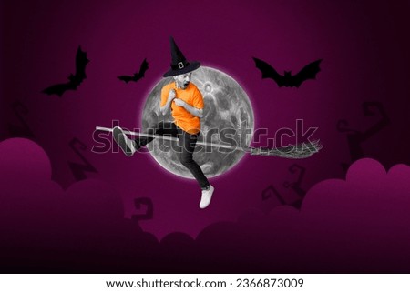 Composite collage image of funny confused scared young man flying broom witch costume moon sky halloween concept violent