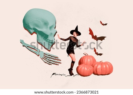 Creative abstract template collage of amazed afraid attractive female witch human skull hand skeleton halloween party decoration pumpkins