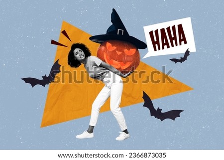 Artwork collage picture of black white colors girl arms hold carry big laughing carved pumpkin conjurer hat flying bats