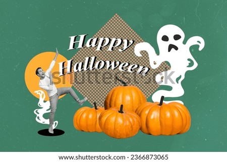 Artwork collage picture of mini black white colors terrified guy flying ghost pumpkins happy halloween banner isolated on green background
