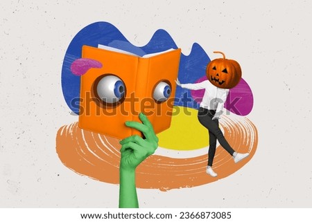 Collage 3d pinup sketch image of weird book eyes looking halloween jeck o lantern isolated painting background