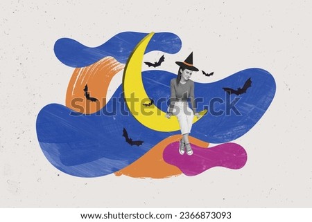 Creative collage picture of black white colors positive girl witch headwear sit moon flying bats isolated on painted background