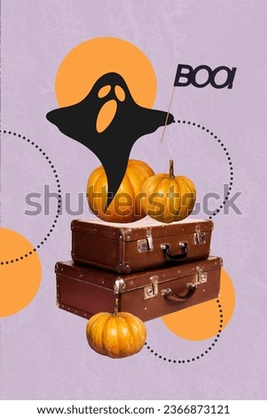 Vertical collage picture of flying terrifying ghost hold boo flag pile stack retro valise pumpkin isolated on purple background