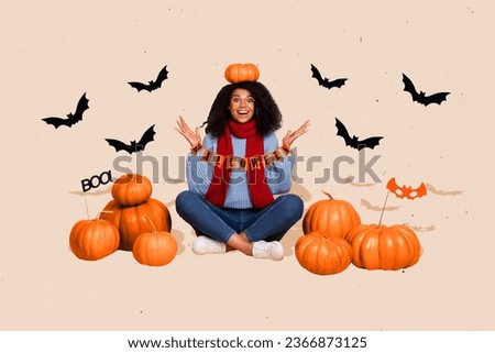 Collage picture of overjoyed cheerful girl hold pumpkin head halloween flags flying bats isolated on painted beige background