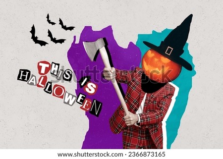 Collage 3d pinup sketch image of scary pumpkin head lumberjack rising axe blade isolated painting background
