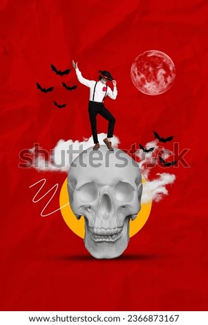 Collage artwork graphics picture of funky scary fiance dancing human sculp isolated red color background