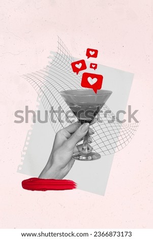 Creative collage image of arm holding cocktail glass getting social media likes isolated pink color background