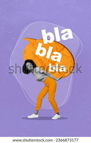 Collage artwork graphics picture of tired upset lady carrying blablabla speaking bubble isolated purple color background