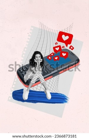 Vertical creative composite abstract photo collage of dreamy satisfied girl sit on cellphone get many likes isolated on drawing background