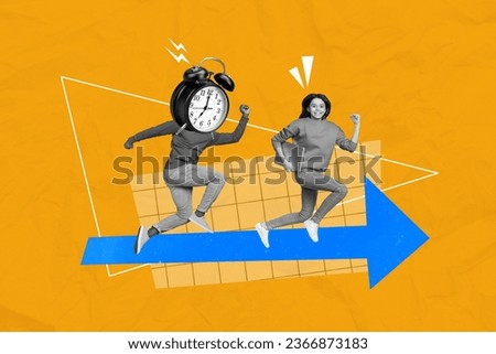 Picture image collage of two people running hurrying work time limit deadline isolated on drawing background