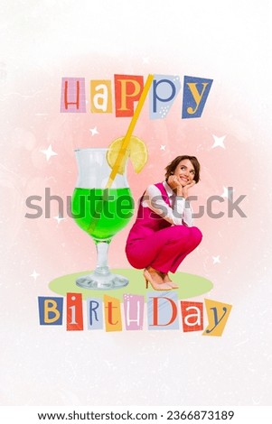 Vertical collage picture of mini positive girl think imagine big alcohol cocktail glass happy birthday poster isolated on painted background