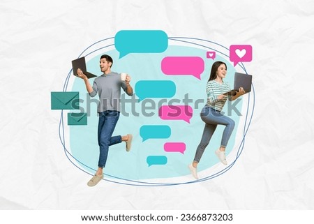 Creative collage picture of two excited people use netbook drink coffee chatting dialogue bubble like notification mail letter envelope