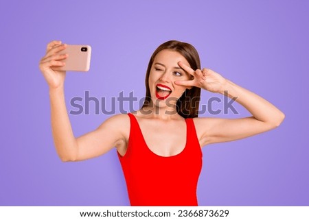 Modern technology people person good mood concept. Photo portrait of screaming with open mouth cool swag pretty lady taking making selfie isolated on bright vivid background