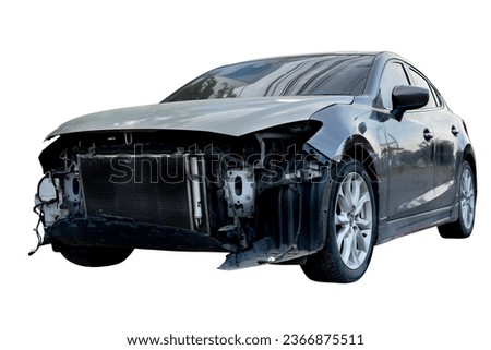 Front and side of black car get damaged by accident on the road. damaged cars after collision. isolated on white background with clipping path, car crash bumper graphic design element