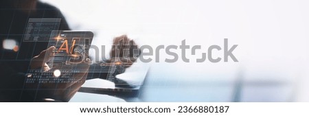 AI Artificial intelligence, innovation technology concept, Businessman using AI technology on laptop computer and mobile phone searching data and management, machine learning and software development