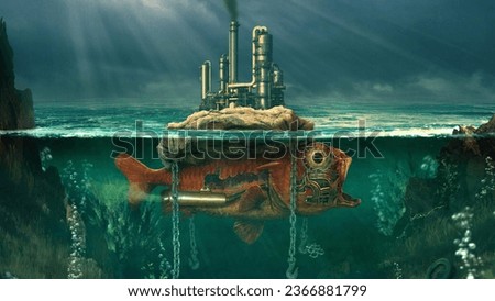 Picture depicts a large fish in the foreground with a factory structure in the background. 3D art aims to highlight the diversity of ecosystems that we must preserve and nurture.