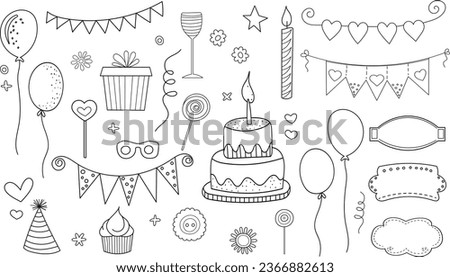 birthday set in doodle style on white background, vector